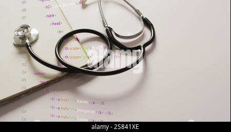 Image of data processing over stethoscope Stock Photo