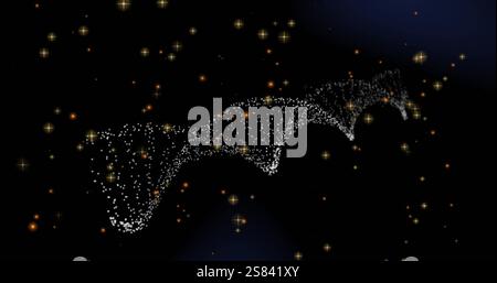 Image of dna strands spinning and glowing spots of light over black background Stock Photo