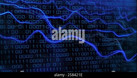 Image of binary coding and digital data processing over black background Stock Photo