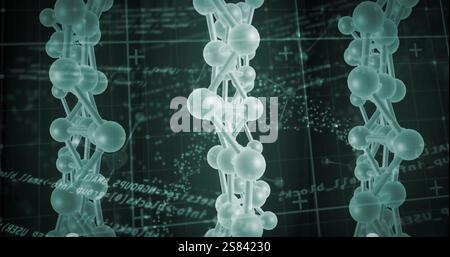 Image of scientific data processing over dna strands on dark background Stock Photo