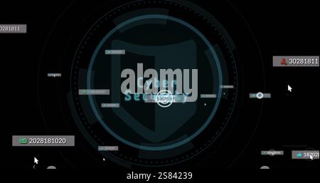 Image of social media icons with numbers over globe with scope scanning on black background Stock Photo