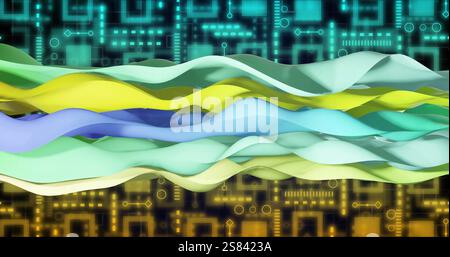 Image of colourful shapes moving over network of connections Stock Photo