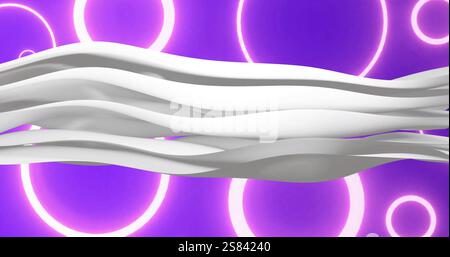 Image of white shapes moving over neon circles Stock Photo