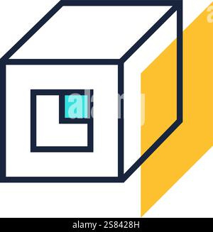 Minimalist abstract composition featuring a white cube with a geometric pattern on its front, casting a shadow on a vibrant yellow surface Stock Vector