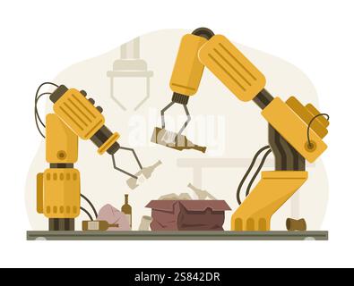 Waste Sorting by Robot System in Industry for Waste Management and Recycle Concept Illustration Stock Vector