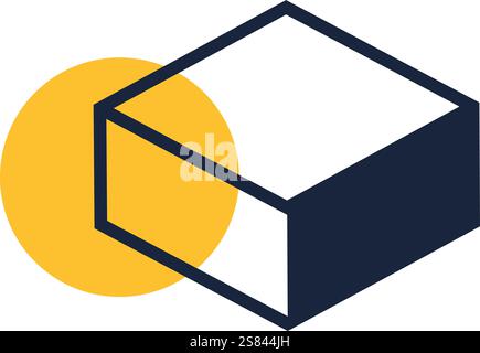 Geometric composition featuring a cube intersecting a vibrant yellow circle, creating a modern and abstract design suitable for various design Stock Vector