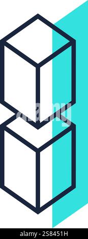 Two white cubes are connected, creating a modular structure, set against a vibrant blue backdrop, symbolizing construction, modularity, and modern Stock Vector