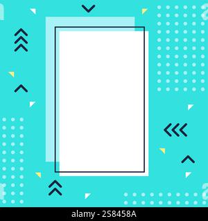 White frame featuring a turquoise background adorned with geometric shapes like arrows, triangles, and dots, creating a modern and vibrant design for Stock Vector