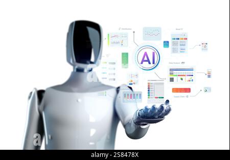 Ai technology with 3d rendering humanoid robot with hud graphic interface Stock Photo