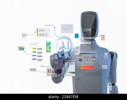 Ai technology with 3d rendering humanoid robot with hud graphic interface Stock Photo