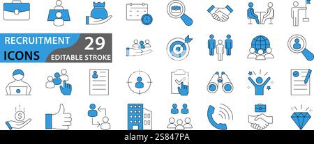 Recruitment icon set. Headhunting, career, resume, job hiring, candidate and human resource icons. Stock Vector