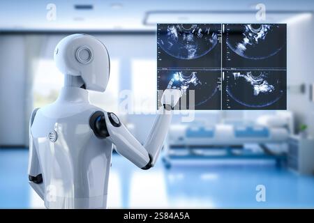 Medical technology concept with 3d rendering ai robot interpret ultrasound output Stock Photo