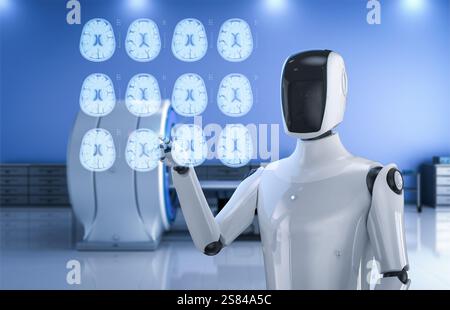 Medical technology concept with 3d rendering ai robot analyze x-ray brain tomography Stock Photo