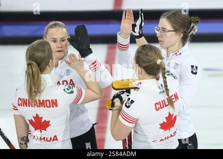 Turin, Italy. 20th Jan, 2025. Players of Canada cheer before the women's curling round robin match between China and Canada at the Torino 2025 FISU World University Winter Games in Turin, Italy, Jan. 20, 2025. Credit: Li Jing/Xinhua/Alamy Live News Stock Photo