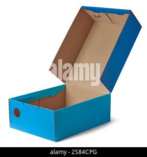 close-up of opened blue rectangular cardboard box or blank shoe box isolated white background, small hole in one side, mock-up template Stock Photo