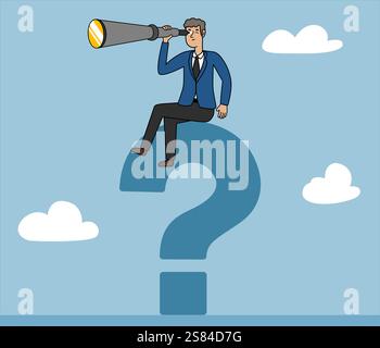 businessman with binocular looking for answers, corporate illustration about results, Curiosity explore unknown, search for solution or new business o Stock Vector