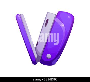 School education font stapler stationery V letter. Office supply ABC alphabet element, child creative classes funny accessory vector English typeset symbol or education cartoon stationery font letter Stock Vector