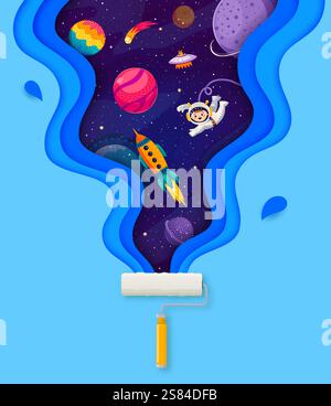 Paper cut space landscape featuring paint roller painting cosmic scene with planets, stars, rocket, astronaut and ufo exudes imagination. Cartoon vector galaxy and starry universe inside of wavy frame Stock Vector
