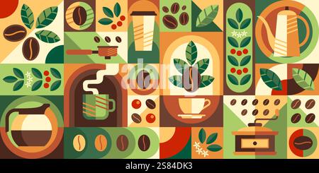 Abstract coffee drink and beverage geometric pattern of modern shapes, vector background. Coffee cup of cappuccino and espresso, coffee beans mill grinder and hot drink mug in geometric mosaic pattern Stock Vector