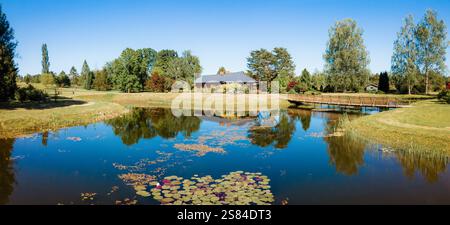A pond with lily pads reflects the blue sky and trees, featuring a wooden footbridge leading to a house with a dark roof and chimney, surrounded by la Stock Photo