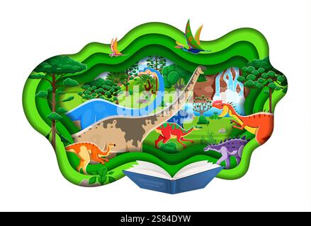 Opened book with paper cut prehistoric era landscape and dinosaur characters in jungle Jurassic era scene with waterfall, lush greenery and trees. Ancient world of dino reptiles, educational storybook Stock Vector