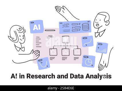 AI in research and data analysis concept with people interacting around flowcharts graphs and icons in thin line style Stock Vector