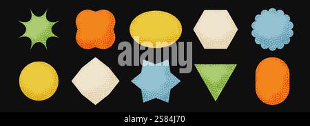 Bright sticker shape collection. Primitive geometric label element pack. Childish textured patch element bundle. Set of abstract dotted blank badges for price tag and sale promotion. Vector Stock Vector