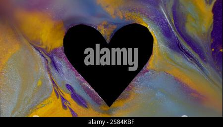 Glossy paint. Romantic overlay. Defocused blue yellow multicolor black shape heart frame ink texture blend on abstract art background. Stock Photo