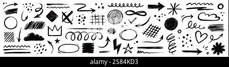 Arrow brush line chalk sketch texture brush vector set. Crayon marker scribble sketch stroke arrow element line brush hand drawn design. Texture abstract chalk, crayon style. Vector illustration Stock Vector