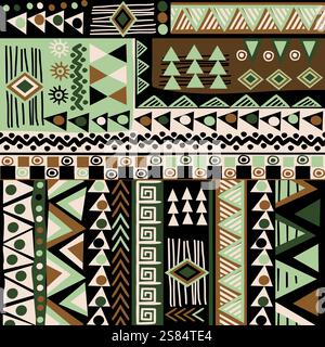 Doodle style pattern with ethnic motifs in green and brown colors Stock Vector