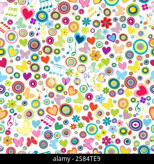 Happy seamless background with flowers, hearts, musical notes and round shapes Stock Vector