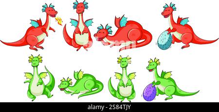 Cartoon dragons interacting with vibrant dragon eggs Stock Vector