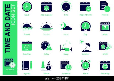 Time and date icon set. solid icon style. containing icon clock, night, agenda, and more. time element vector illustration Stock Vector