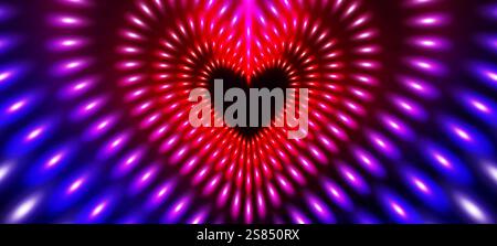 Neon heart shaped pattern with radiating bright spots of gradient color from red, pink to blue edges. Glowing rays on dark backdrop. Dynamic love or Valentine day themed presentation background. Stock Vector
