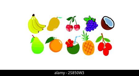 Colourful Tropical Fruits Set Isolated Flat Design White Background Stock Vector