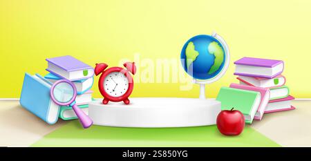 School composition with white round podium and stacked textbooks, magnifying glass, red alarm clock, globe stand and fresh apple. Bright educational supplies on yellow background for learning concept. Stock Vector