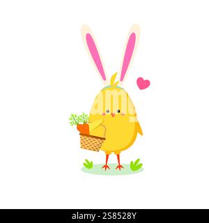 baby chicken holding basket. Happy Easter concept. Cute cartoon vector illustration Stock Vector