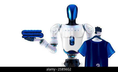 A humanoid robot with artificial intelligence or AI. A humanoid servant robot stacks laundry and hangs a T-shirt on a hanger. An anthropomorphic AI ro Stock Vector