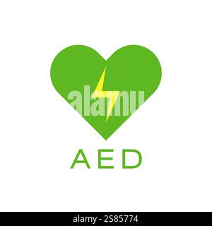 Medical AED public advertising sticker. Defibrillator inside wallpaper banner with green heart logo and yellow lightning creative icon. Automated exte Stock Vector