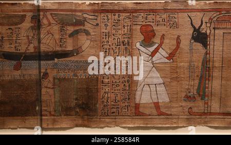 Book of the Dead of Aaner. Cyperus papyrus.  Boat of Osiris and agricultural scenes. Third Intermediate Period. 21th Dynasty (1076-943 BC). Thebes. Eg Stock Photo