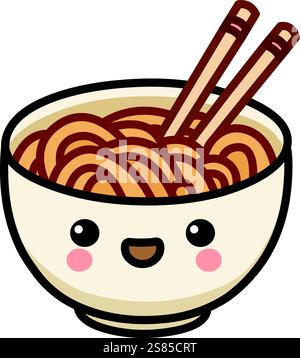 Cute kawaii noodle bowl with happy face and chopsticks Stock Vector