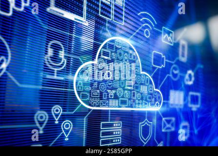 Cloud computing technology with circuit cloud on blue led board Stock Photo