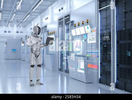 Automation server with 3d rendering humanoid robot working in server room Stock Photo
