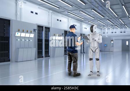 Programmer or engineer work together with assistant robot in server room Stock Photo