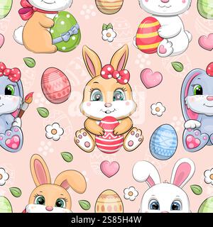 Easter seamless pattern with cute cartoon bunnies with eggs. Holiday vector illustration of animal, eggs, flowers, hearts and leaves on a pink backgro Stock Vector
