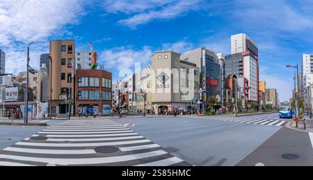 View of shops, buildings and crossings in Asakusa, Taito City, Tokyo, Honshu, Japan Stock Photo