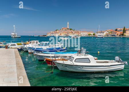 View from new harbour to the old town with Cathedral of St. Euphemia, Rovinj, Istria, Croatia Stock Photo