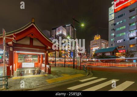 View of subway entrance in Asakusa at night, Asakusa, Taito City, Tokyo, Honshu, Japan Stock Photo