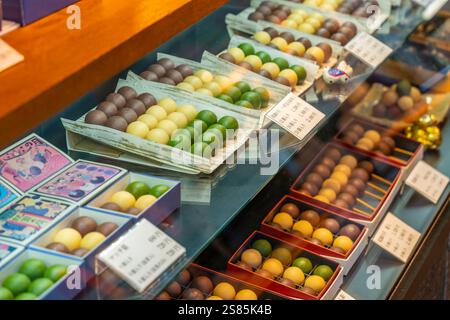 View of Classic Japanese Mochi Sweets in shop in the Gion District, Kyoto, Kansai, Honshu, Japan Stock Photo