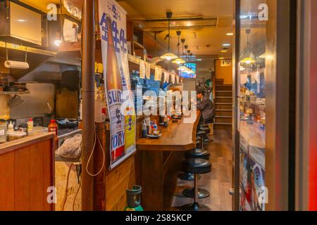 View of restaurant in Dotonbori, vibrant entertainment district near the river, Osaka, Honshu, Japan Stock Photo